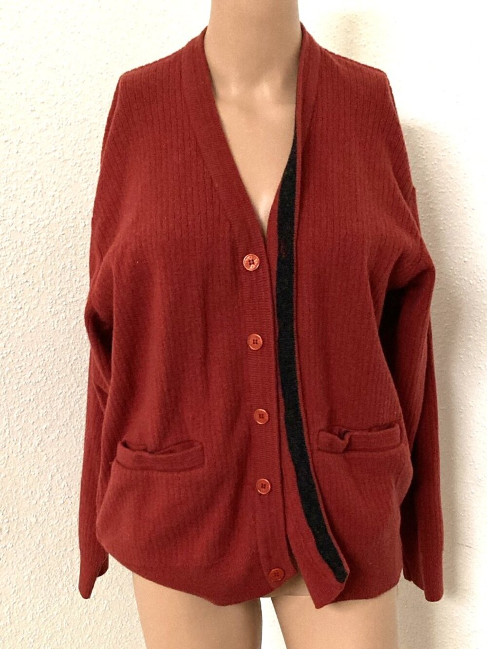 Vintage Monte Carlo Women's M Red Black Rib Knit Cardigan Made in Italy Vintage